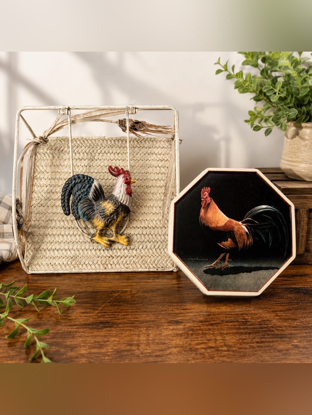 Rooster Napkin Holder & Octagonal Tin Farmhouse Kitchen Decor bundle deal!